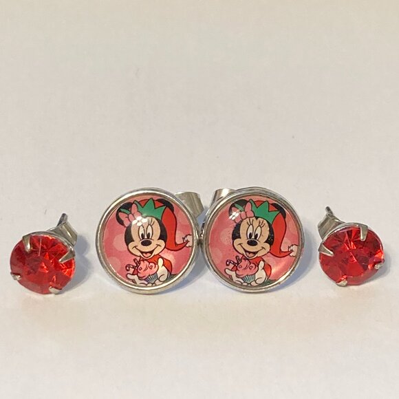 Disney Minnie Mouse Santa Christmas Earrings Silver Tone Hypoallergenic Posts - Picture 3 of 9